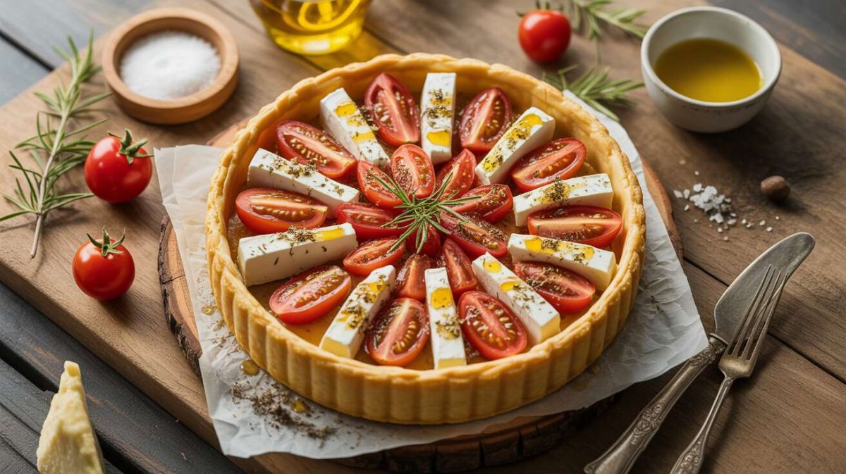 Une tarte savoureuse aux tomates cerises et fromage de brebis