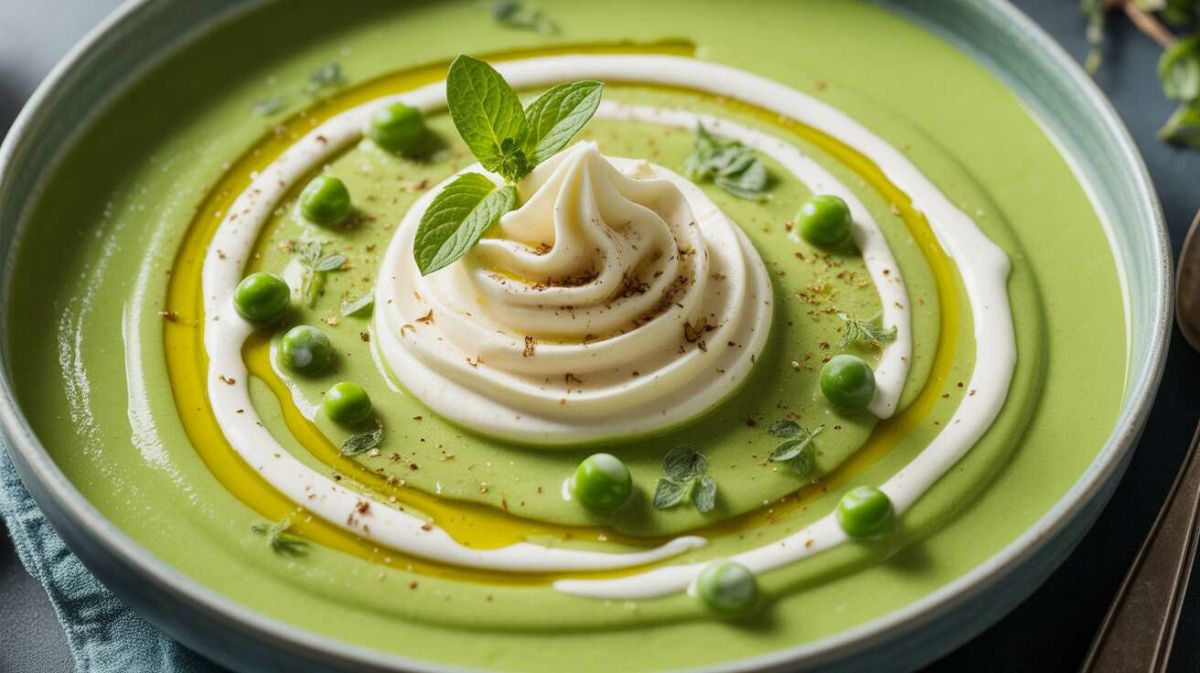 une entrée rafraîchissante : explorez le velouté glacé de petits pois au fromage fouetté